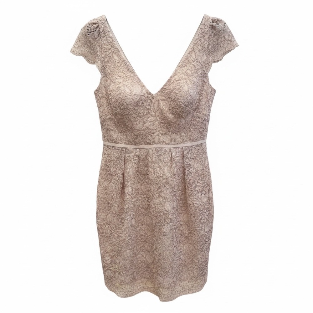 Jenny Yoo Collection Cocktail Dress Women 6 Champagne Taupe GUC Lace V-Neck Cap